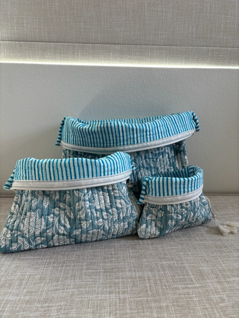 Set of 3 Quilted Floral Zip Pouches in Aqua and White
